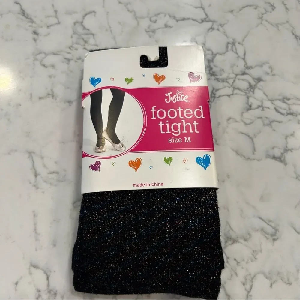 NWT Justice Black Rainbow Glitter Footed Tights Size Kids/Youth Medium